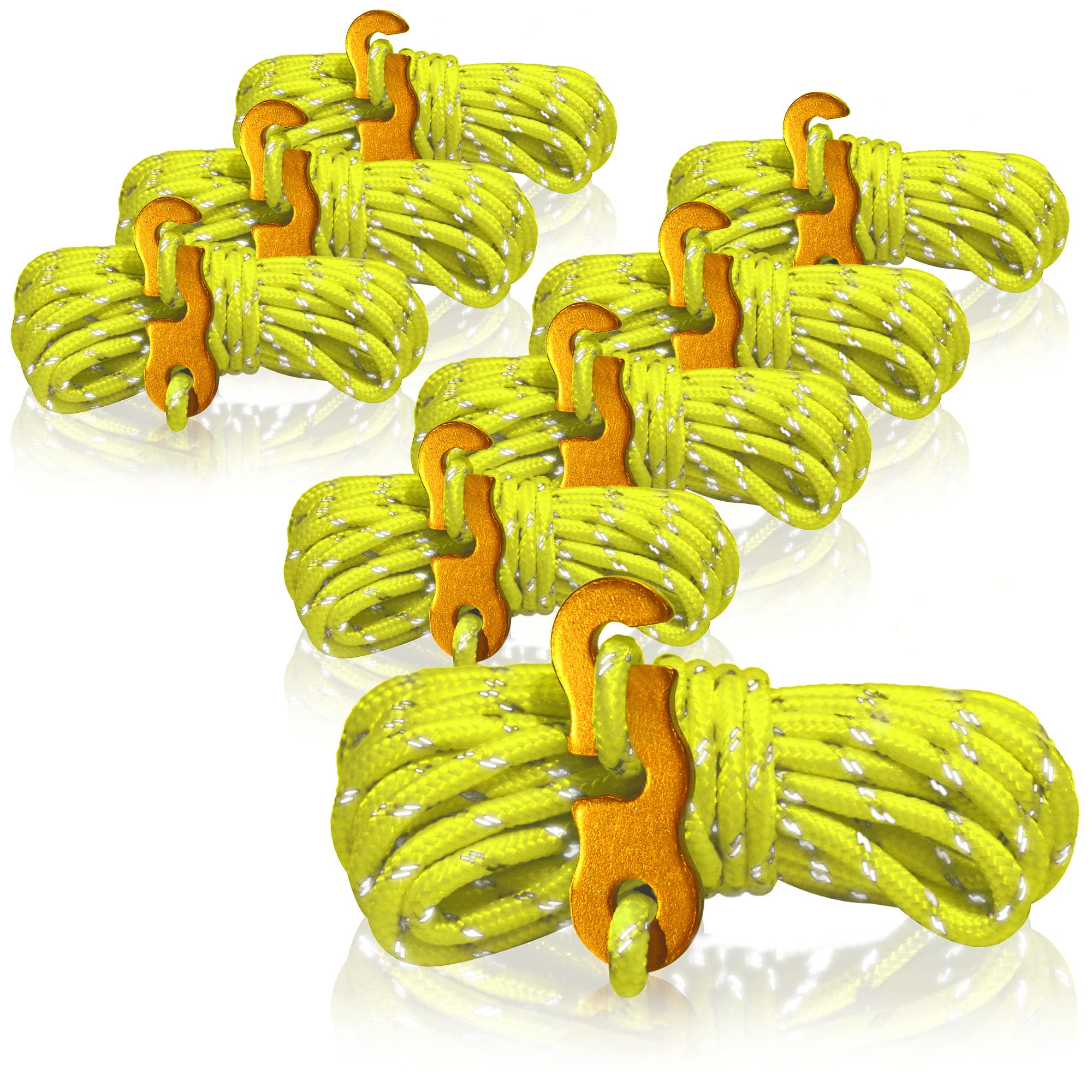 COM-FOUR® 8x guy ropes, each 4m for camping, reflective in yellow - tent cord with aluminum buckle - tension cord - camping cord - rope tensioner - tent rope - storm strap