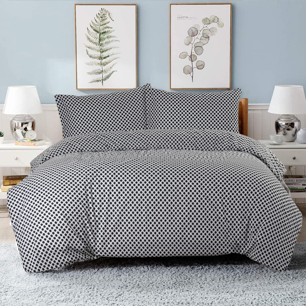 NIYS Luxury Bedding Single Bed Duvet Cover Set - Soft Breathable Polycotton Duvet Cover with matching pillow case - Bedding Quilt Cover Set (White/Black Dots)