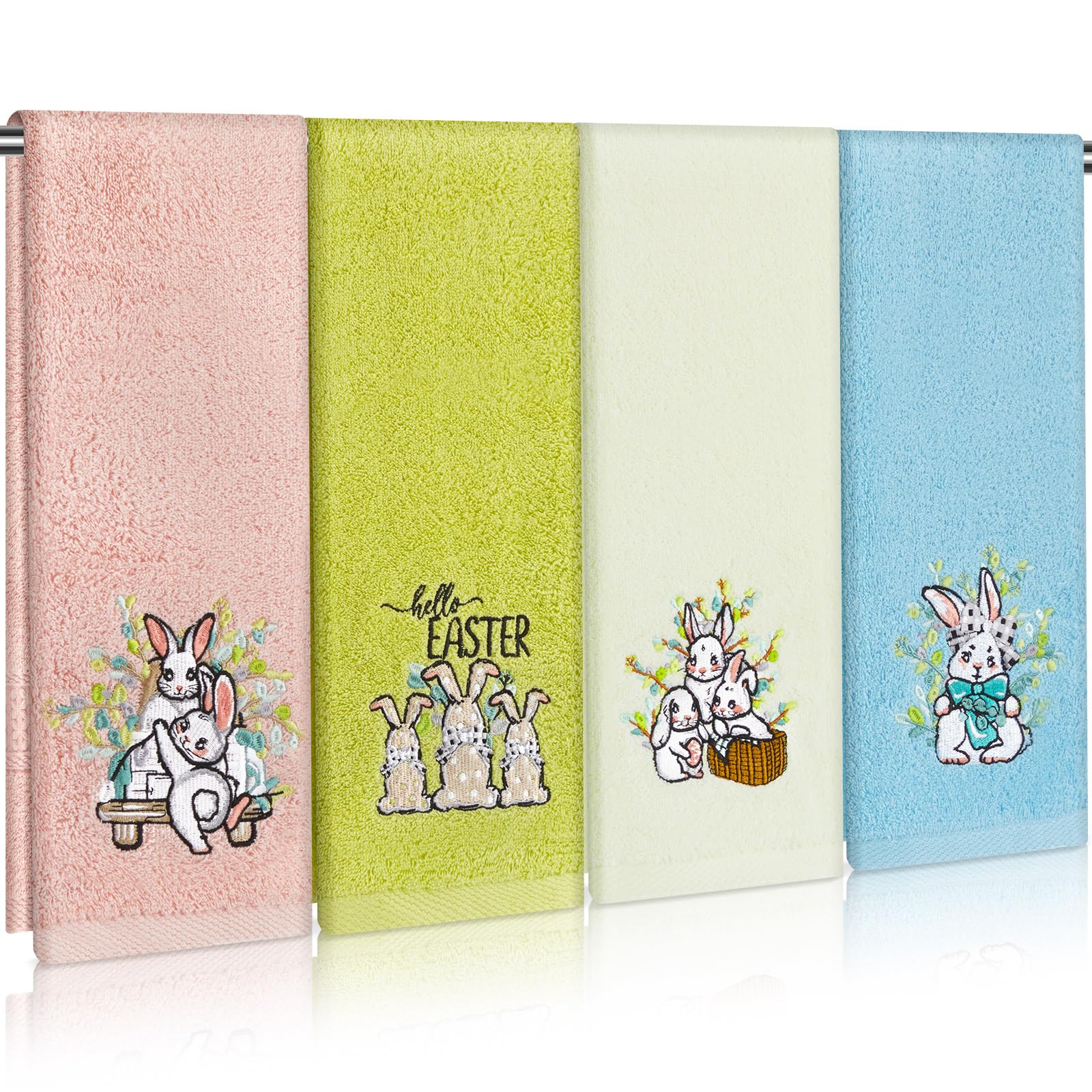 Photo 1 of SmoothNovelty 4 PCS Easter Towels Set 29" x 13" Cotton Embroidered Bunny Bathroom Hand Towel Colorful Retro Bunny Rabbit Decorative Soft Hand Towels Absorbent Set for Bunnies Housewarming Gifts