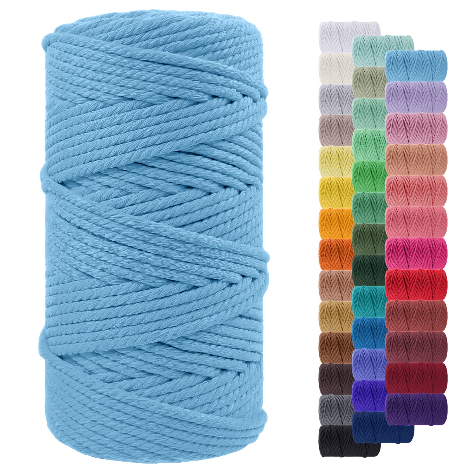 LEREATI Macrame Cord 5mm x 100m, Thick Macrame Rope Yarn Natural Cotton Cord, 4 Strand Twisted Colored String for Wall Hanging Plant Hanger DIY Crafts Boho Decor (Sky Blue)