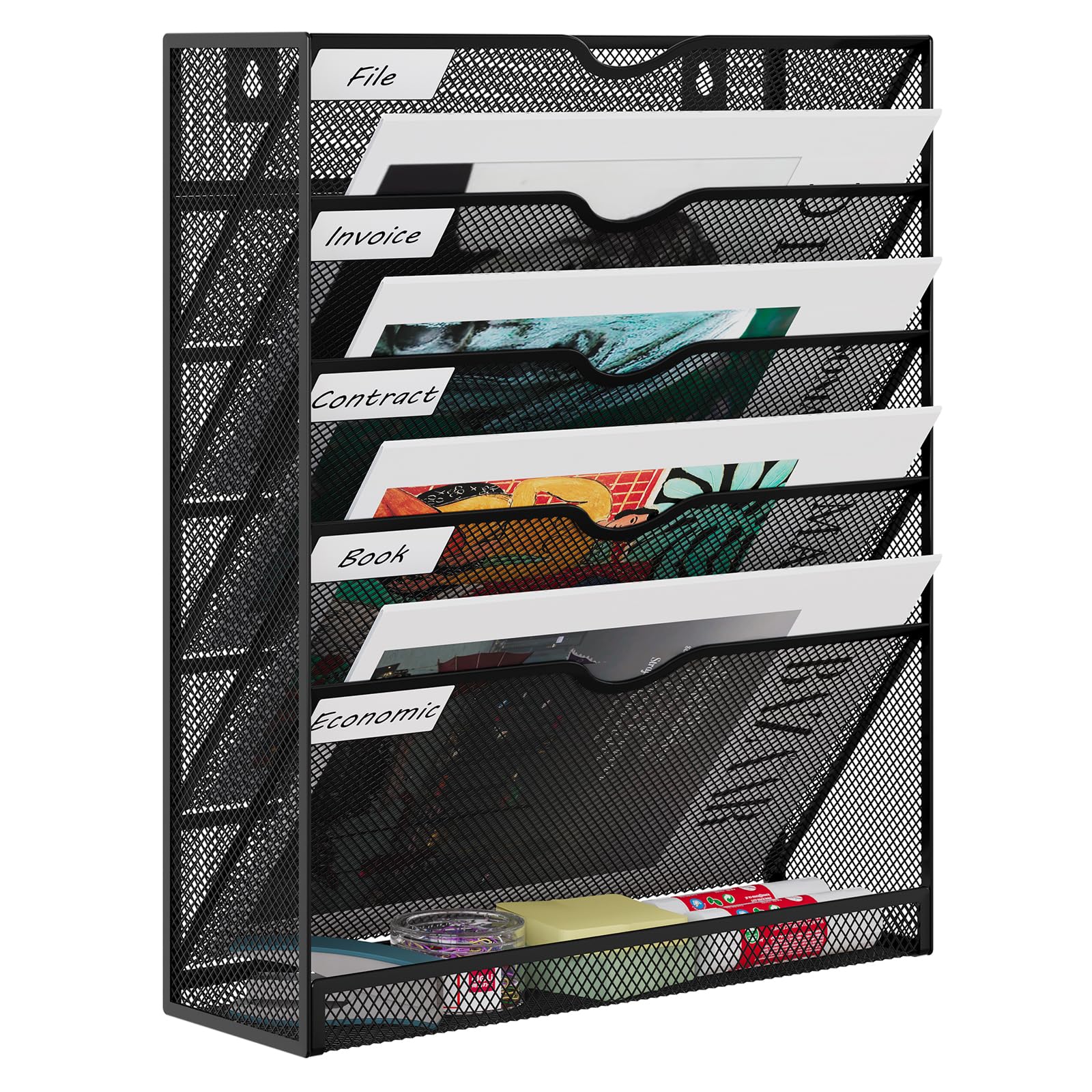 EasyPAG Metal 6 Tier A4 Wall Mounted Document Holder,Hanging Wall File Organiser,Pigeon Holes Storage,In Tray,Magazine Rack for Office & Home Upgrade,Black