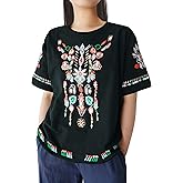 SeekMe Women's Cotton Linen Tops Embroidered Short Sleeve Peasant Boho Mexican Tunic Top Festival Casual Loose T Shirt