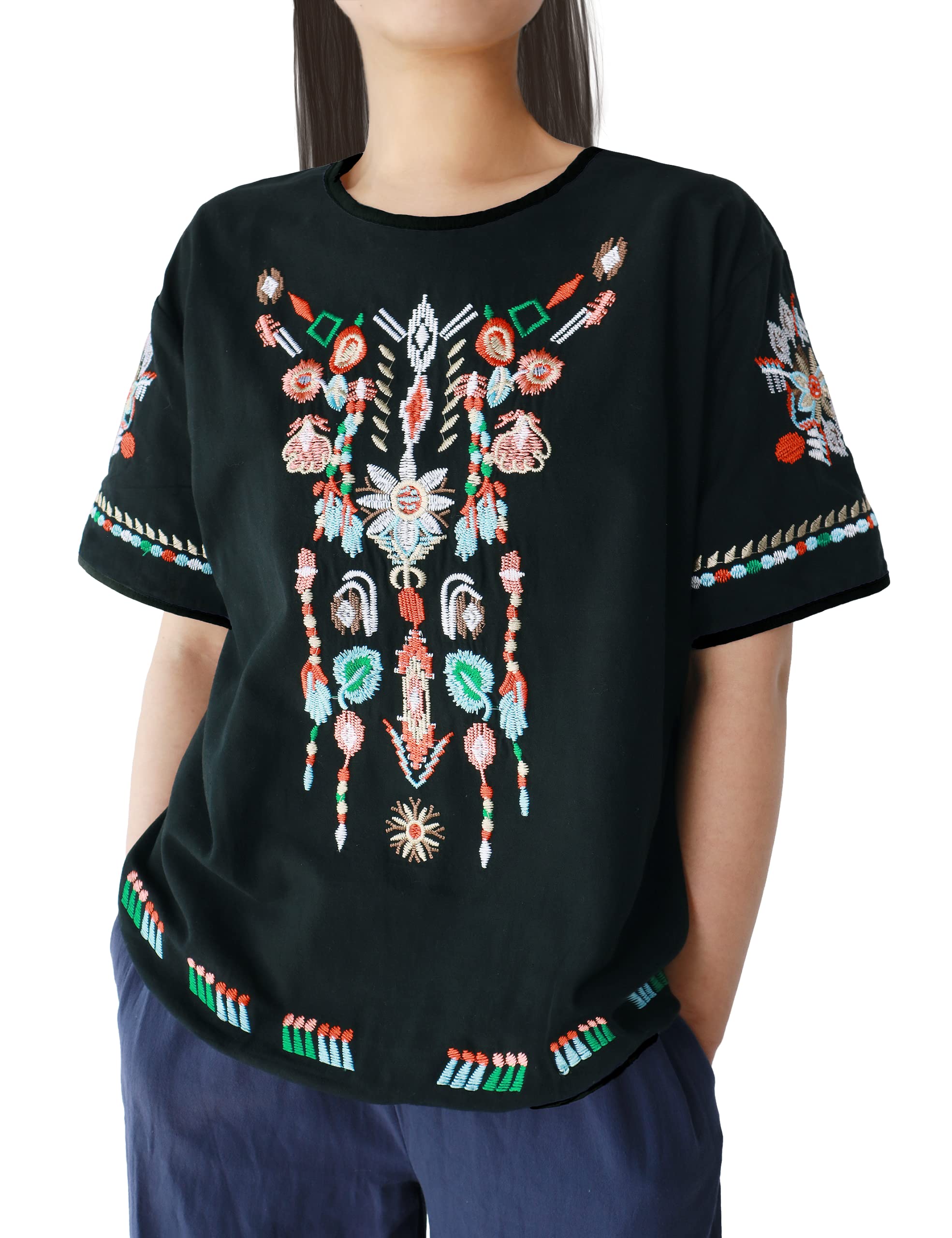 Photo 1 of SeekMe Women's Embroidered Blouse Cotton Linen Short Sleeve Peasant Boho Mexican Tunic Top Casual T Shirt (0215-Black-XXL-FY)