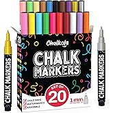 Chalkola 20 Extra Fine Tip Liquid Chalk Markers for Blackboard (1mm, Neon, Pastel, Metallic Dry Erase Marker) | Washable Chalk pens for Chalkboards, Window, Car, Glass - Erasable Chalkboard Markers