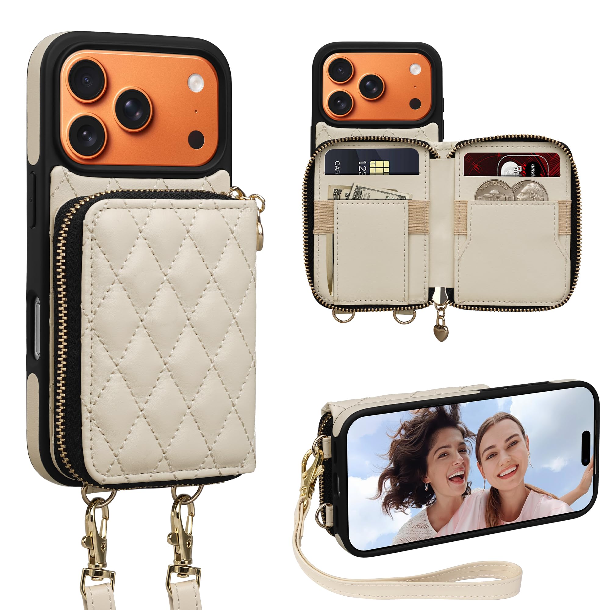 Keallce Case for iPhone 17 Pro 6.3'' Wallet Case, Crossbody Zipper Purse with Wrist Strap Lanyard Handbag, RFID Blocking Card Holders, Kickstand Flip Leather Cover for iPhone 17 Pro, Beige Image