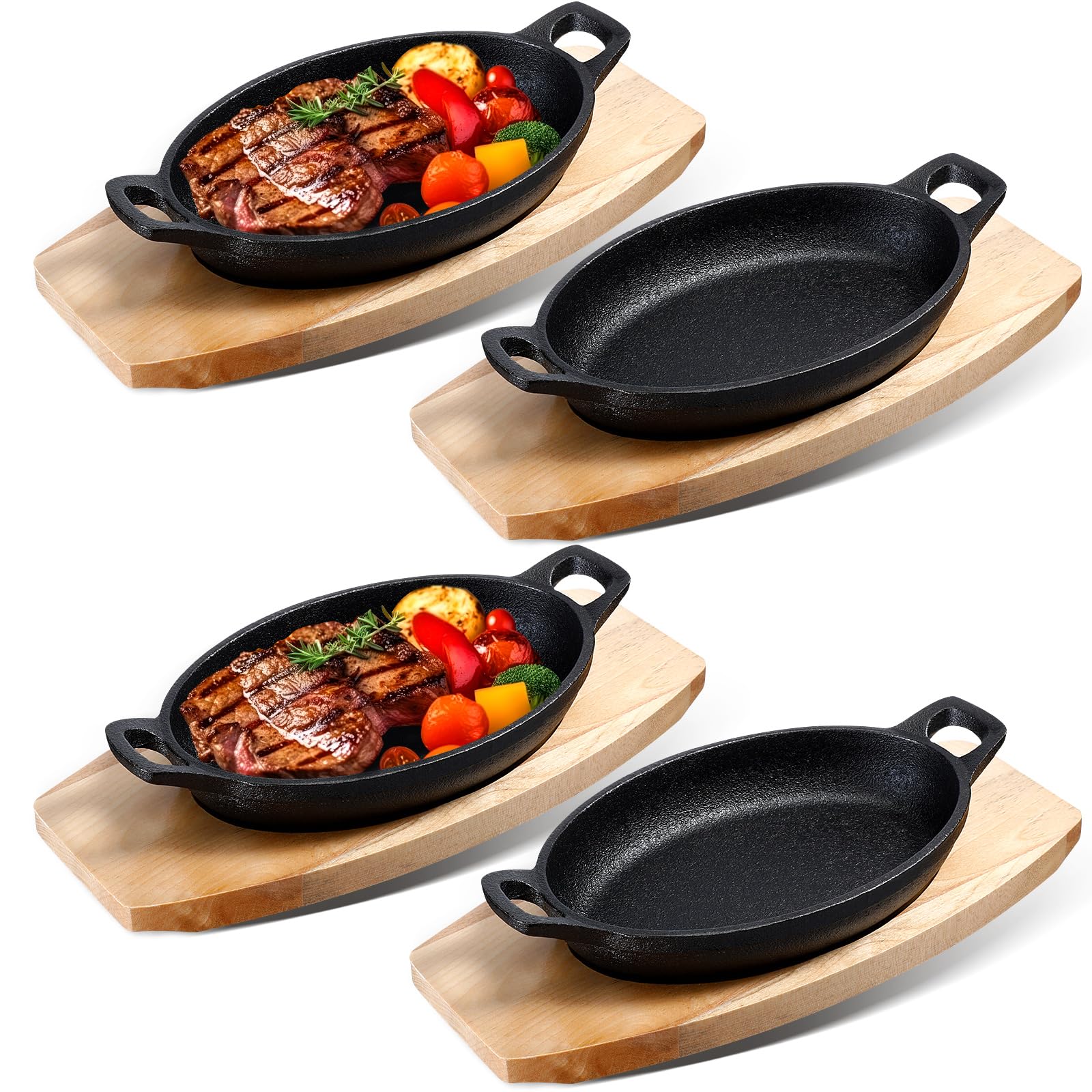 Photo 1 of Set of 4 Cast Iron Mini Oval Serving Dish Pans with Wooden Base 8oz Mini Cast Fajitas Iron Small Skillet Dishes Black Little Pans Skillets for Baking Roasting(8.5 x 6.1 x 1.7 Inch)