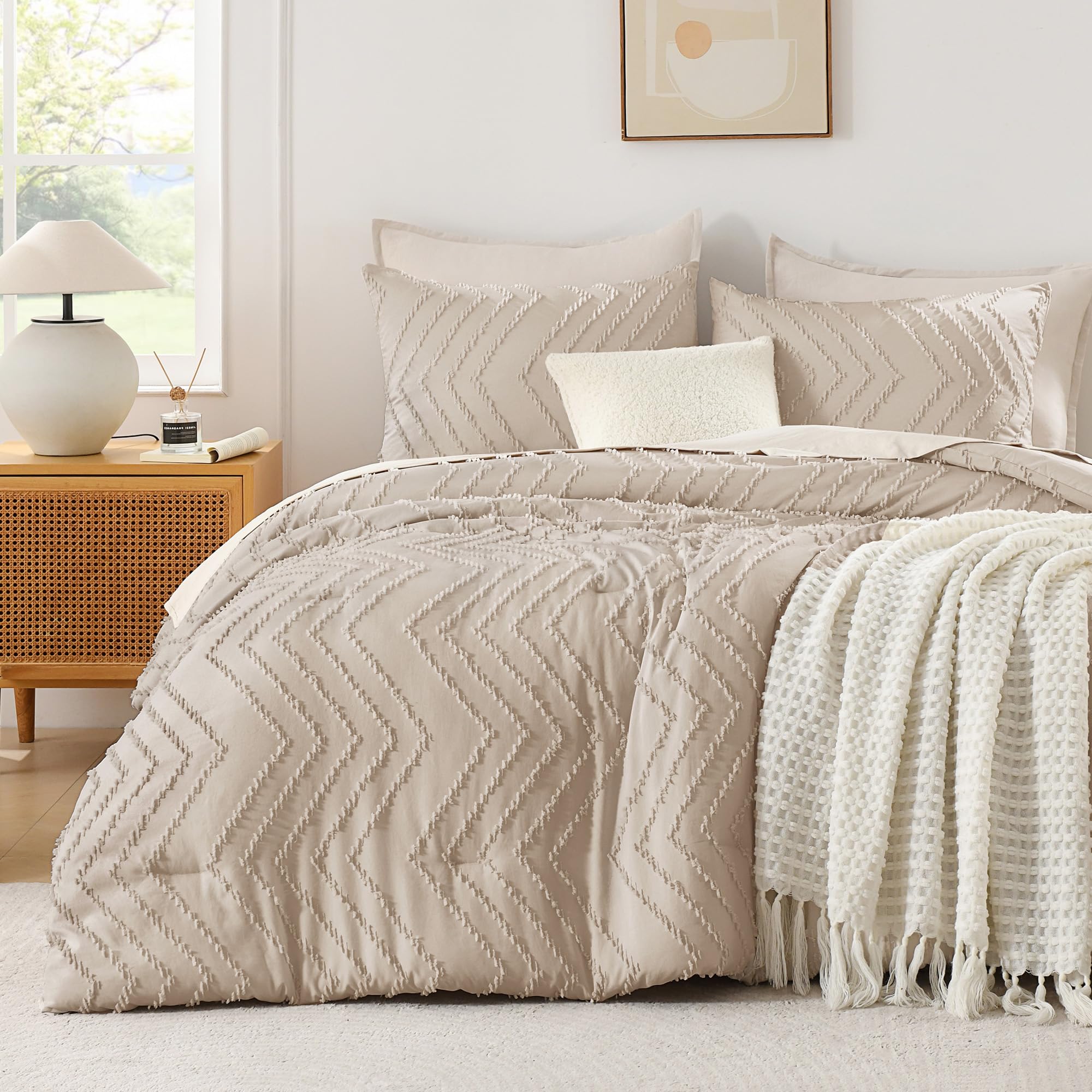 Photo 1 of Andency Khaki Twin/Twin XL Comforter Set, Twin Bed Comforter for College Dorm Girls Boys Kids Boho Tan Soft Warm Cute Comforter, 2 Pieces Taupe Aesthetic Chevron Bohemian Bedding Set