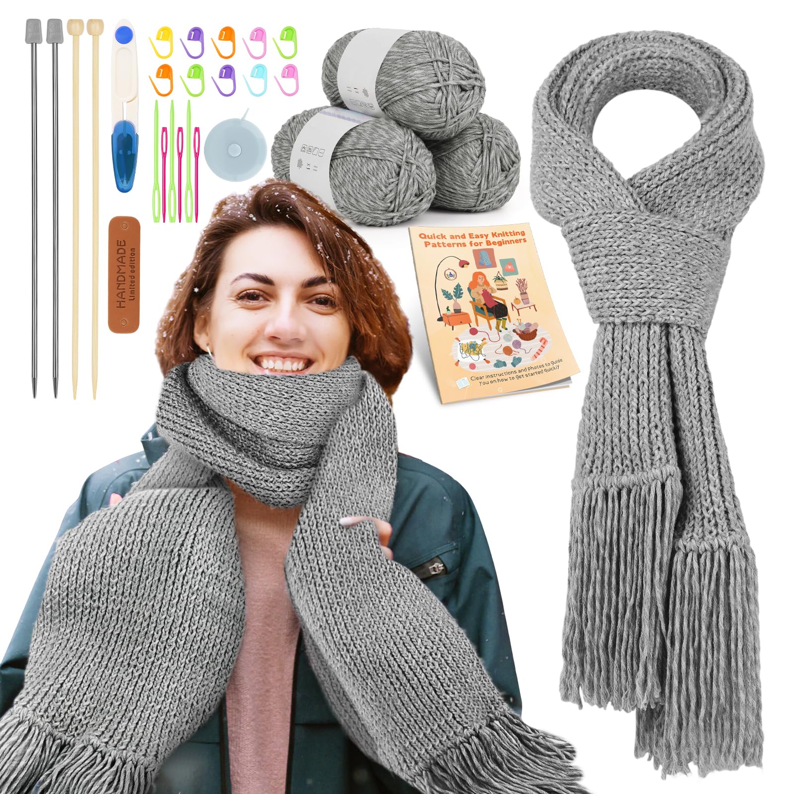 Reessy Knitting Kits for Beginners Adults, Scarve Knitting Starter Kit for Adults Learning to Knit Include Knitting Book 2 Pairs Knitting Needles Soft Yarn Balls and Leather Labels