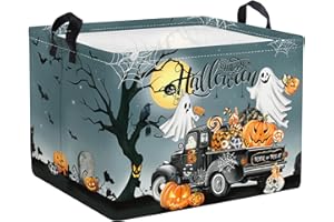 Clastyle Halloween Pumpkin Storage Basket Kid Spooky Book Gift Basket Empty Outdoor Graveyard Jack-o-lantern Boo Bin Baby Nursery Clothes Hamper Toy Box,Ghost Truck,40*30*30 cm