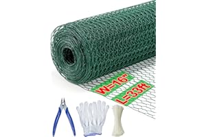 TOYPOPOR Chicken Wire, 16''x 396''/33ft Mesh Roll for Floral Arrangements, Anti-Rust PVC Coated Garden Netting, Rabbit Animal Fence with Cutting Plier, Gloves and Ties for DYI Crafts, Poultry, Garden