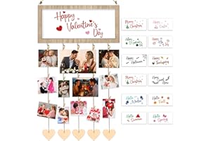 LAIRYAN Interchangeable Seasonal Wooden Card Holder, Rustic Farmhouse Picture Frames Collage Wall Decor with 12 Patterns & 30 Clips, Valentine's Day Hanging Photo Display for Room Holiday Housewarming Gift