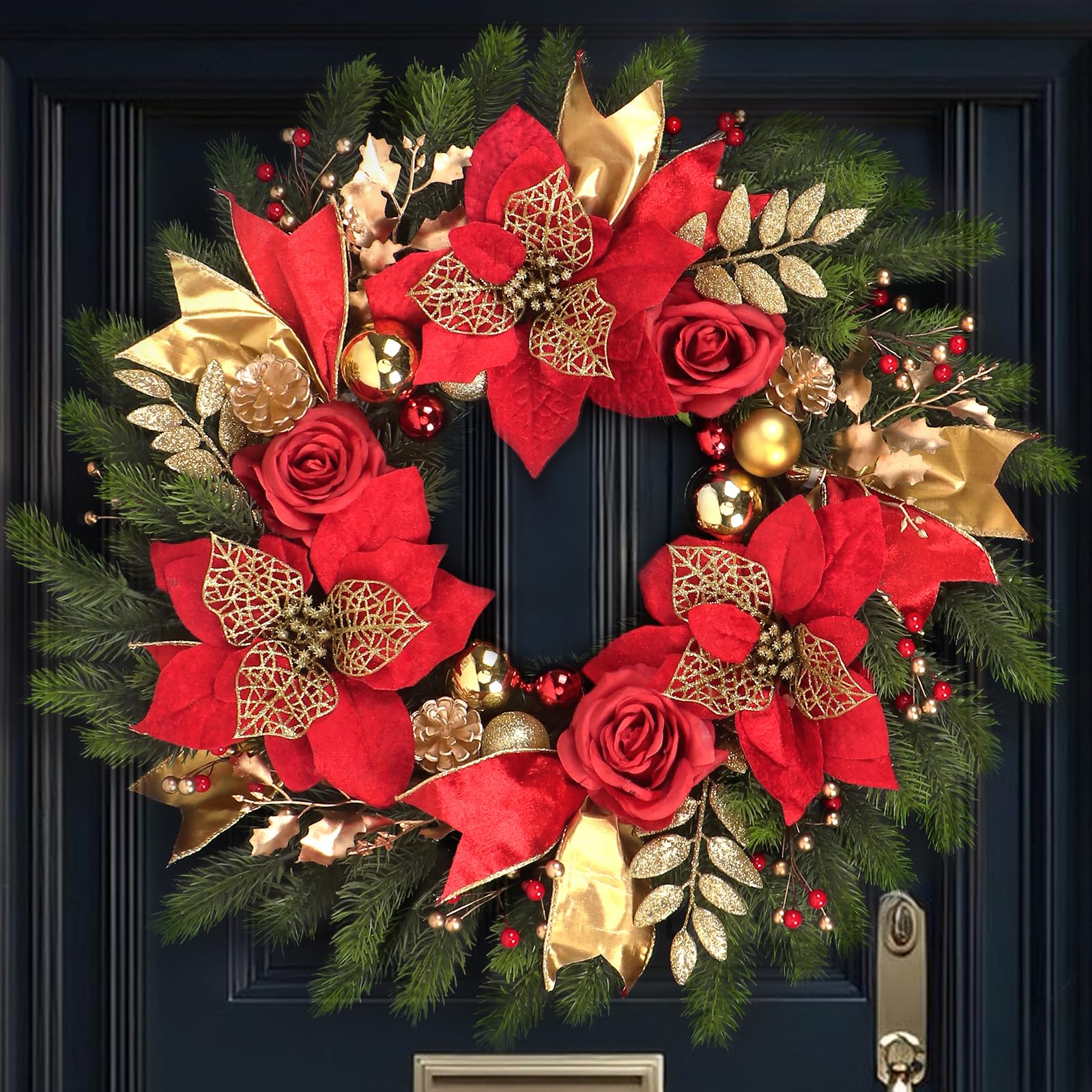Photo 1 of Christmas Wreaths for Front Door,Winter Wreaths for Indoor and Outdoor Christmas Decorations,Christmas Door Wreath with Red Christmas Flowers and Golden Ball,Pine Cones for Christmas Decor