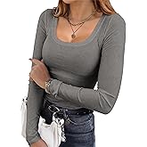 Ekouaer Womens Long Sleeve Shirts Square Neck Slim Fit Basic Tops Ribbed Thermal Undershirts Layering Tee