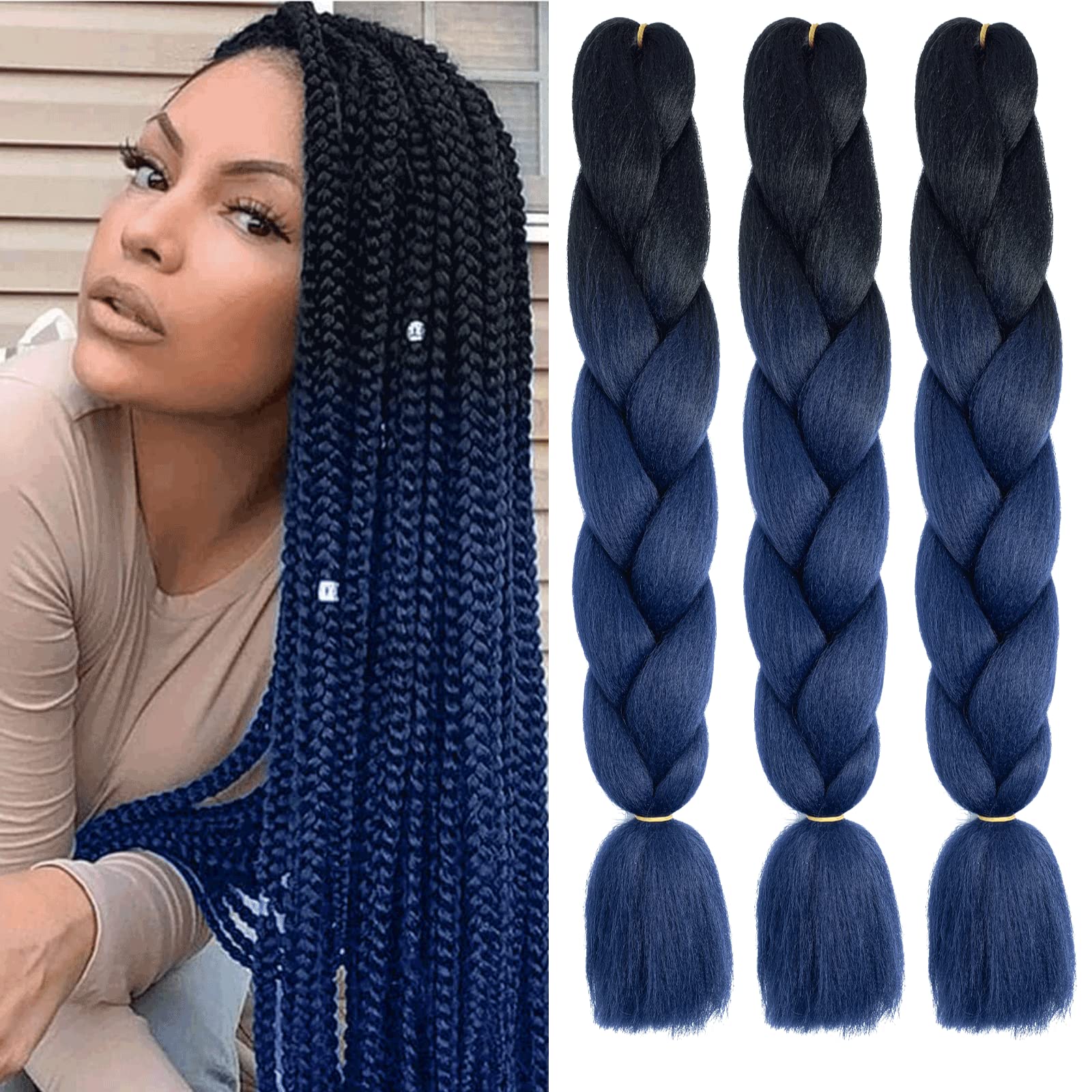 Xtrend 3Packs 24 Inch Ombre Jumbo Braiding Hair 2 Tone Afro Braiding Hair Extensions for Twist Jumbo Box Braids Synthetic Hair for Women Braiding (3Packs, Black/Dark Blue#) โ image 1