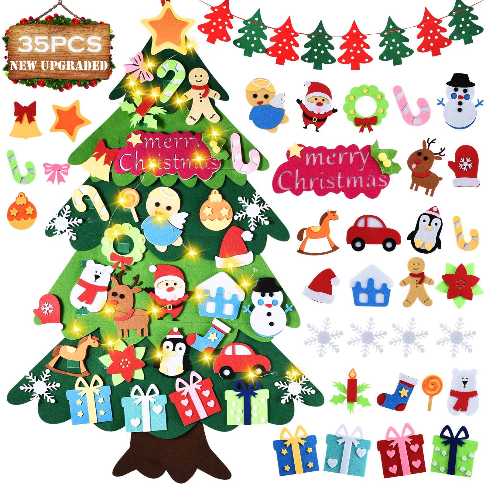 UNTIL YOU Felt Christmas Tree,DIY Felt Christmas Trees for Toddlers with 34pcs Xmas Ornament, 3.35ft DIY Christmas Tree Set for Kids, Handmade New Year Christmas Door Wall Hanging Decorations