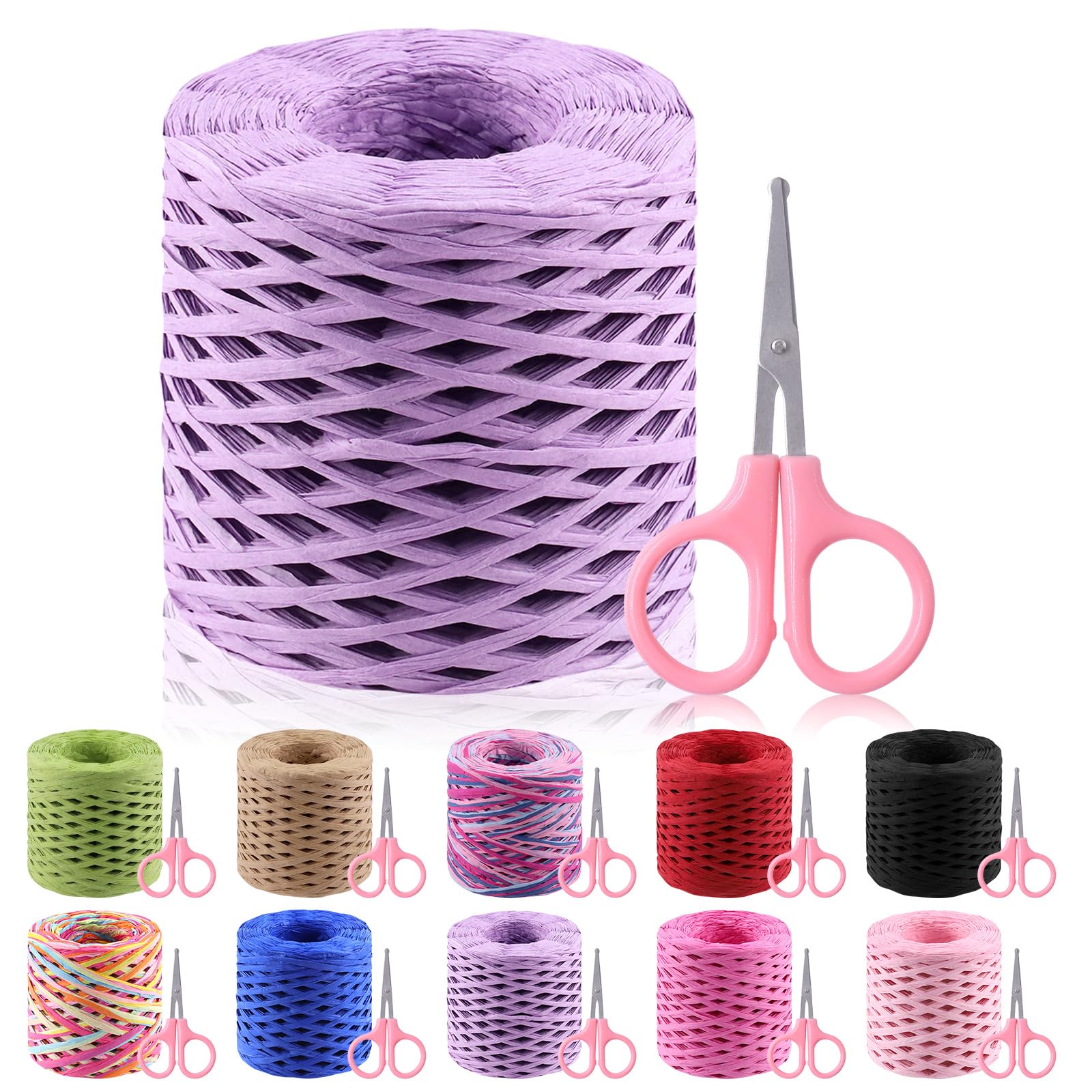 GLARKS 200m Raffia Ribbon with Scissors Set, Purple Raffia Paper Craft Ribbon Natural Raffia String Kraft Packing Ribbon Twine Ribbon for Gift Wrapping Packing Crafting Supplies — image 1
