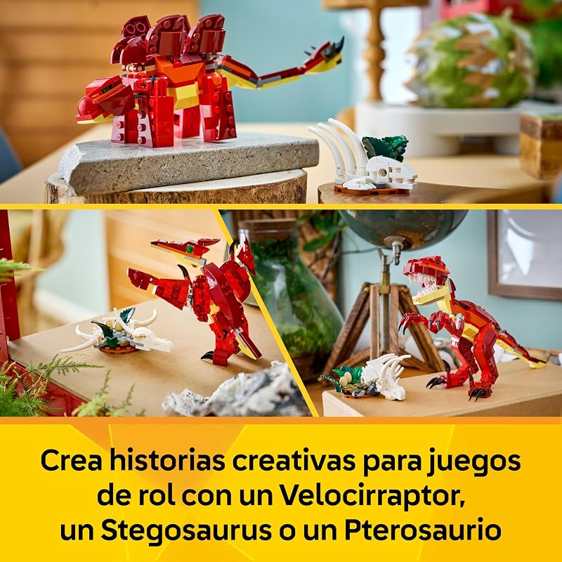 Creator 3in1 Dinossauro Feroz - Figuras de Dinossauro Transformáveis em Velociraptor, Stegosaurus ou Pterossauro - Presente de Aniversário para Raparigas e Rapazes 8+ Anos - 31379