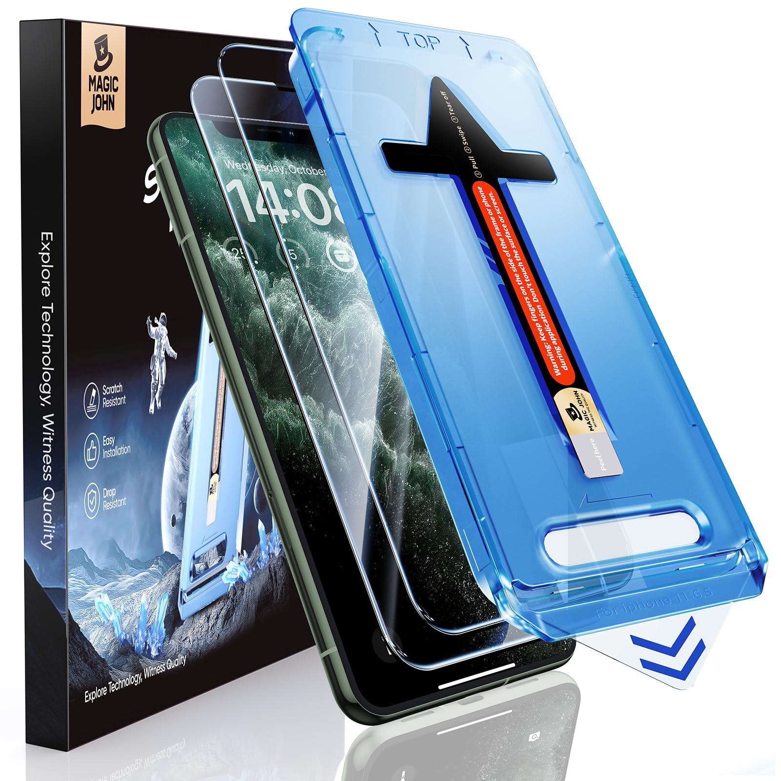 MAGIC JOHN 2 Pack for iPhone 11 Pro Max/XSMAX 6.5 inch Tempered Glass Screen Protector, Auto Dust-Elimination Installation, Bubble Free, HD Clear, Easy Installation