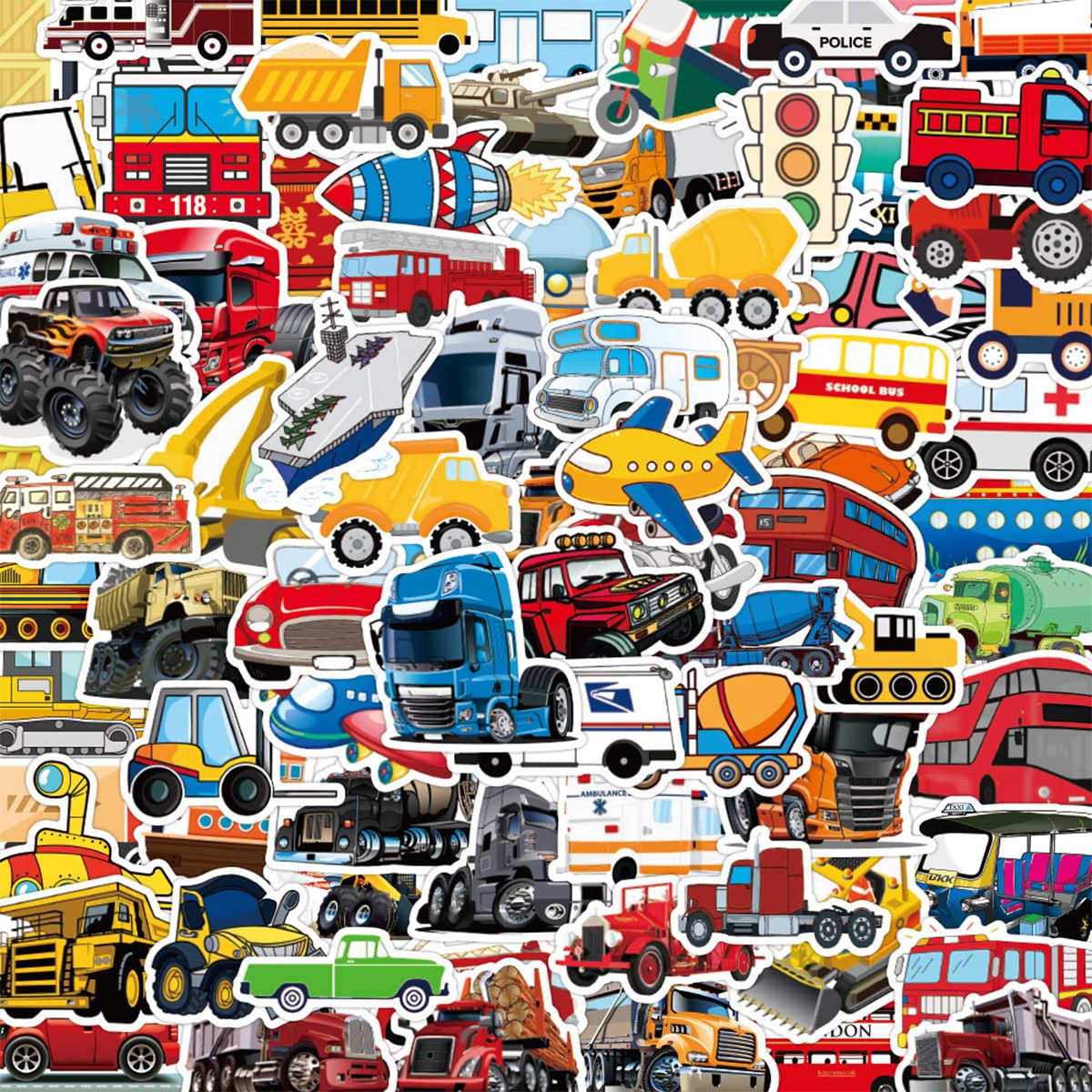Cute Cartoon Transport Stickers 100 PCS Wall Stickers Cars Construction Trucks Vehicles Excavator Transportation Waterproof Sticker Removable DIY Decorations for Nursery Bedroom Living Room Luggage