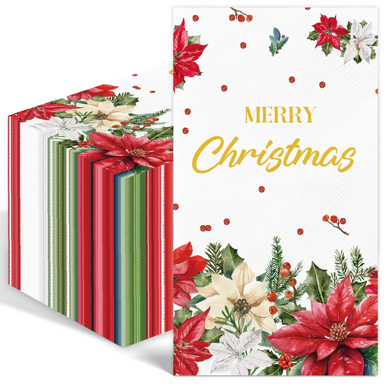 Photo 1 of 100PCS Christmas Napkins Disposable Poinsettia Flower Paper Napkins 3 Ply Decorative Paper Hand Towels for Bathroom Xmas Red Poinsettia Berry Guest Napkins for Winter Holiday Christmas Cocktail Party
