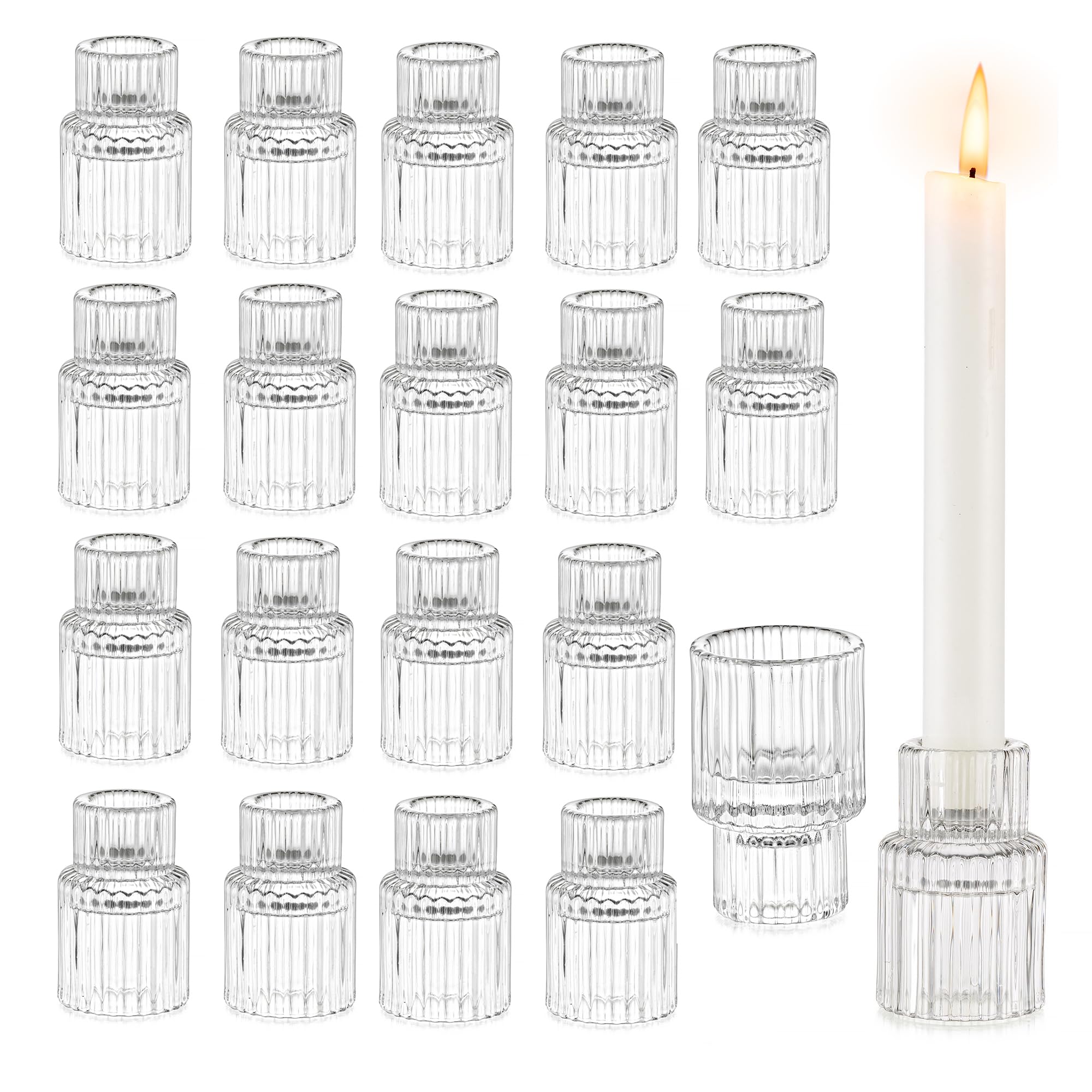Glasseam Glass Candlesticks Holder Clear, Candle Stick Holder Set of 20 Ribbed Crystal Candle Holders for Taper Candles, Chic Christmas Candle Holder for Dinning Table Wedding Party Decorations