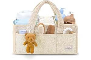 Sweety Fox Baby Diaper Caddy Organizer with Handle - Portable Sherpa Nursery Basket - Car Diaper Organizer, Cleaning Caddy, Gift for Baby Shower - Ivory