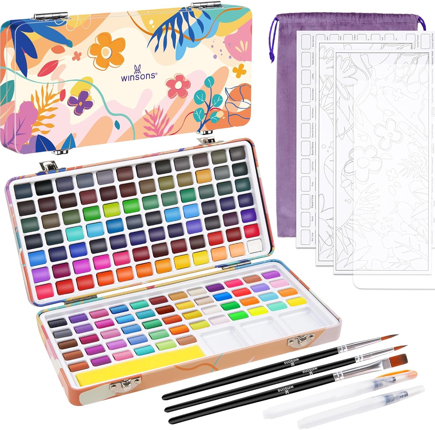 WINSONS Wasserfarbkasten 138 lebendige Farben, Mini-Palette, Pinseln und Aquarellblättern, Ungiftig und Hochpigmentiert