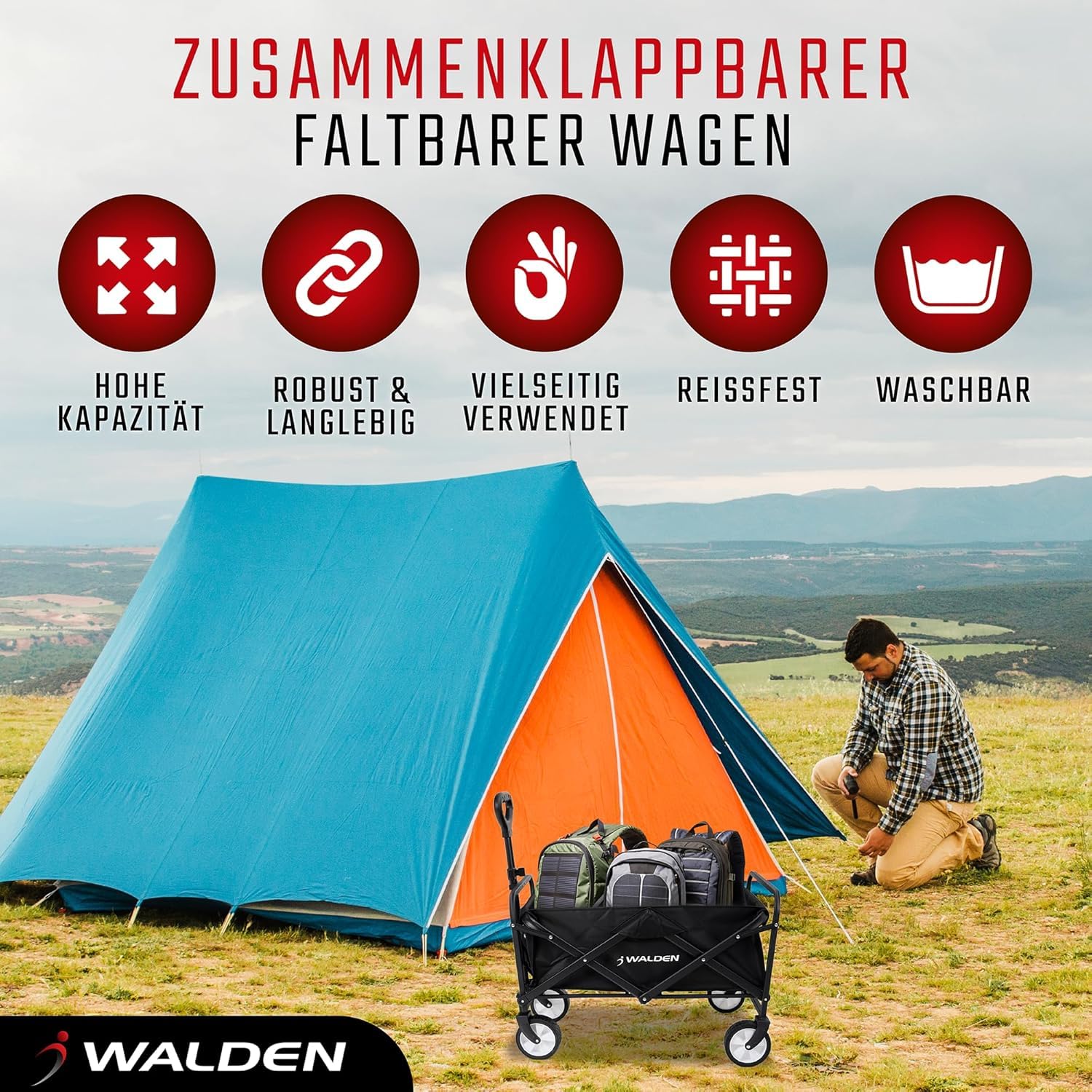 Klappbarer zusammenklappbarer Bollerwagen, Strandkarren mit großer Kapazität, Stabiler klappbarer Bollerwagen tragbar, zusammenklappbarer Wagen für Sport, Einkauf, Camping 2