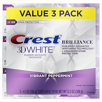 Amazon Com Crest 3d White Brilliance Vibrant Peppermint Teeth Whitening Toothpaste 4 1 Oz Pack Of 3 Packaging May Vary Beauty