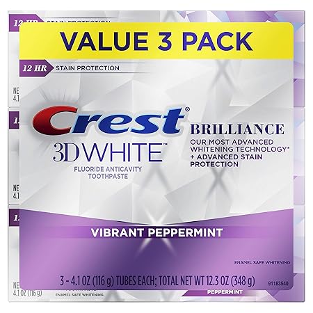 Amazon Com Crest 3d White Brilliance Vibrant Peppermint Teeth Whitening Toothpaste 4 1 Oz Pack Of 3 Packaging May Vary Beauty