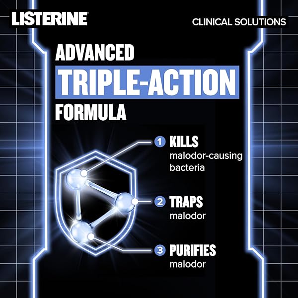 LISTERINE CLINICAL SOLUTIONS BREATH DEFENSE ALCOHOL FREE MOUTHWASH, ORAL RINSE WITH A TRIPLE-ACTION FORMULA FIGHTS BAD BREATH FOR 24 HOURS, SMOOTH MINT FLAVOR, 500 ML