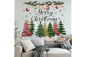 Drydiet 2 Pcs Large Christmas Tree Wall Decals 44 x 32 Merry Christmas Snow Watercolor Tree Wall Stickers Red and Green Peel and Stick Removable for Bedroom Living Room Offices Home Decoration