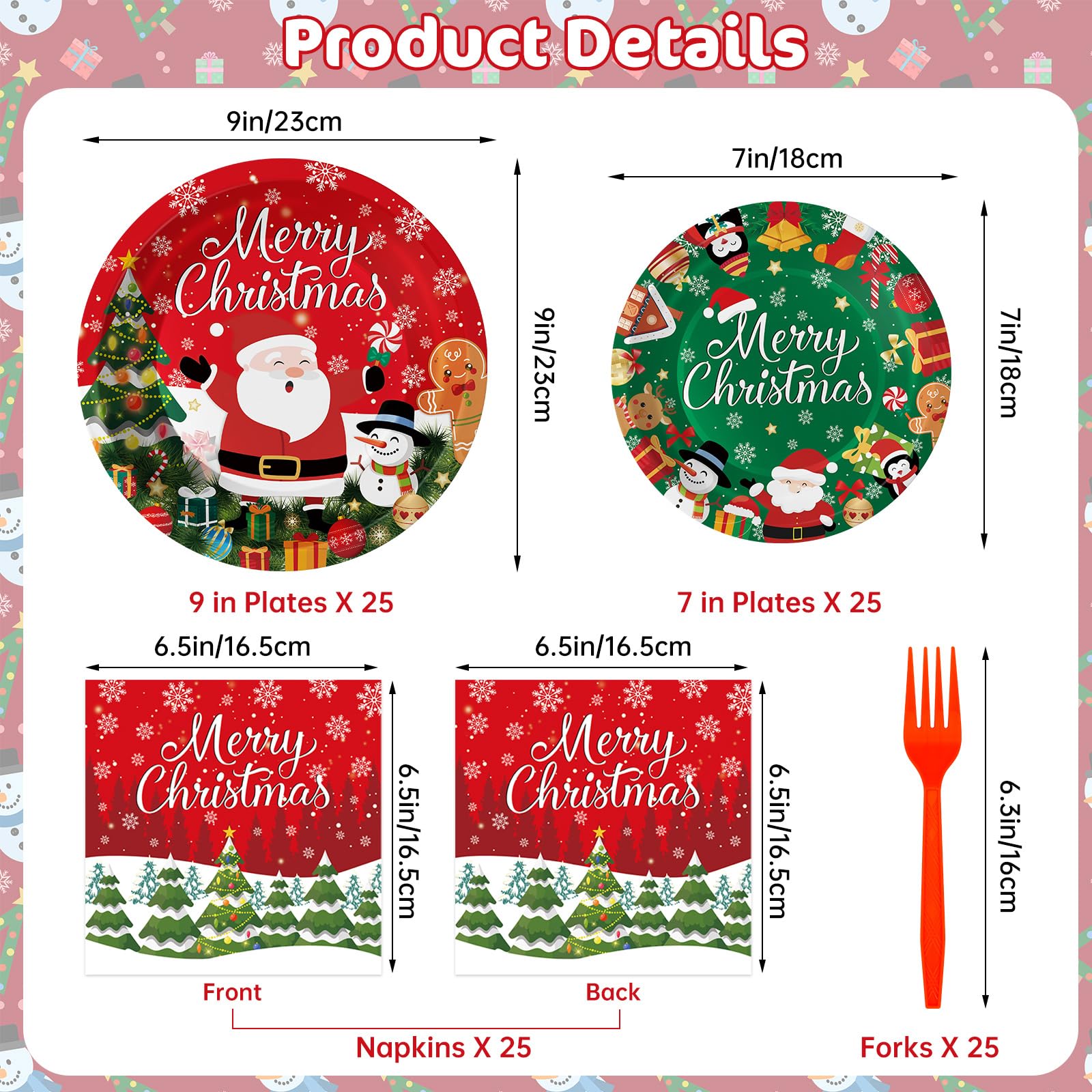 100 Pcs Merry Christmas Plates and Napkins Sets - Cute Winter Christmas Round Tableware, Disposable Chrismas Paper Plates and Napkins Forks for Xmas Party Supplies Favors Table Decor, Serves 25