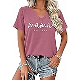 VVNTY Womens Mama Shirt: Mama Letter Print T-Shirt Pink Bow Mom Life Tee V Neck Graphic Tee Tops