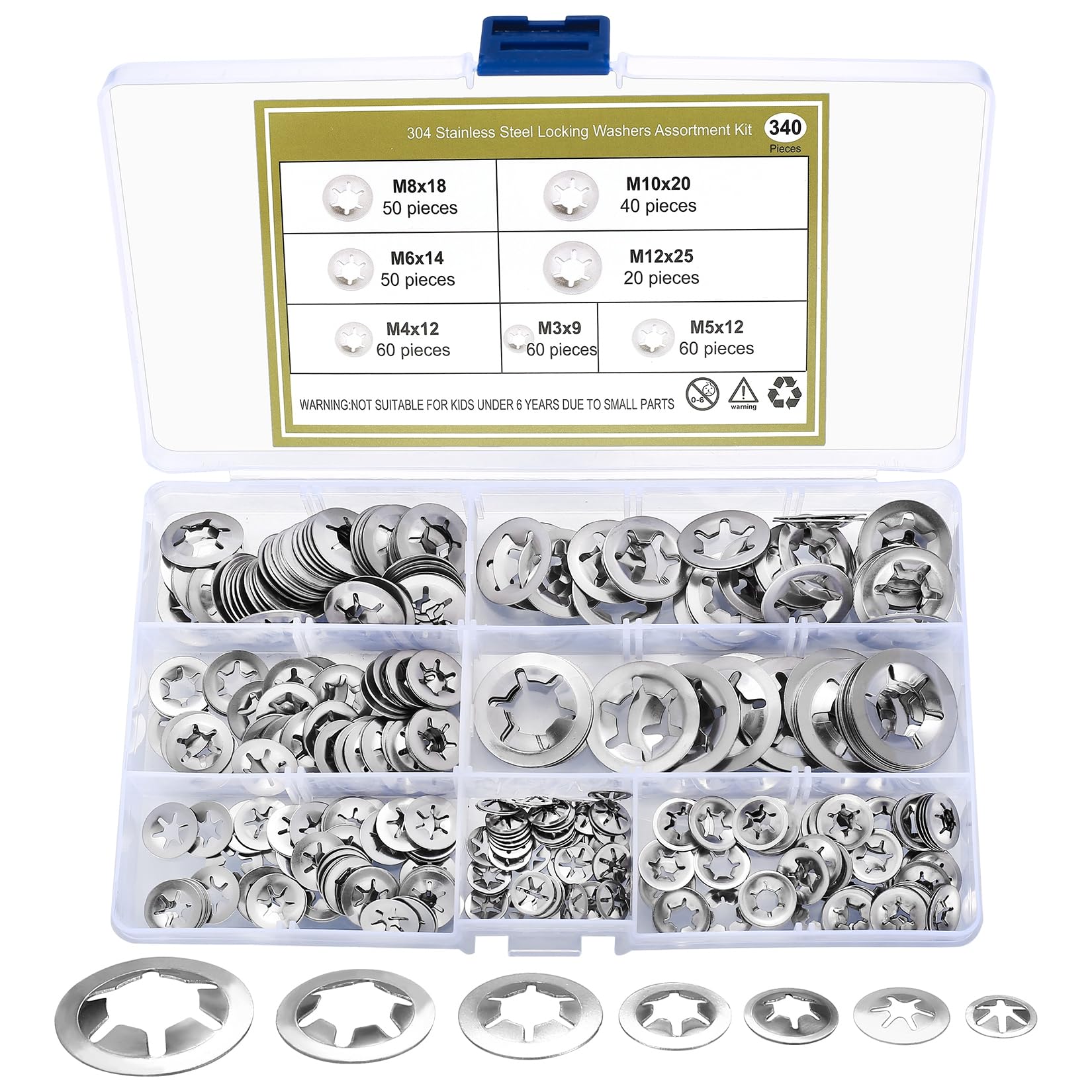 340 Pcs Internal Tooth Washers, Quick Speed Locking Push On Clips Speed Clips Fasteners Washers Assortment Kit - M3, M4, M5, M6, M8, M10, M12