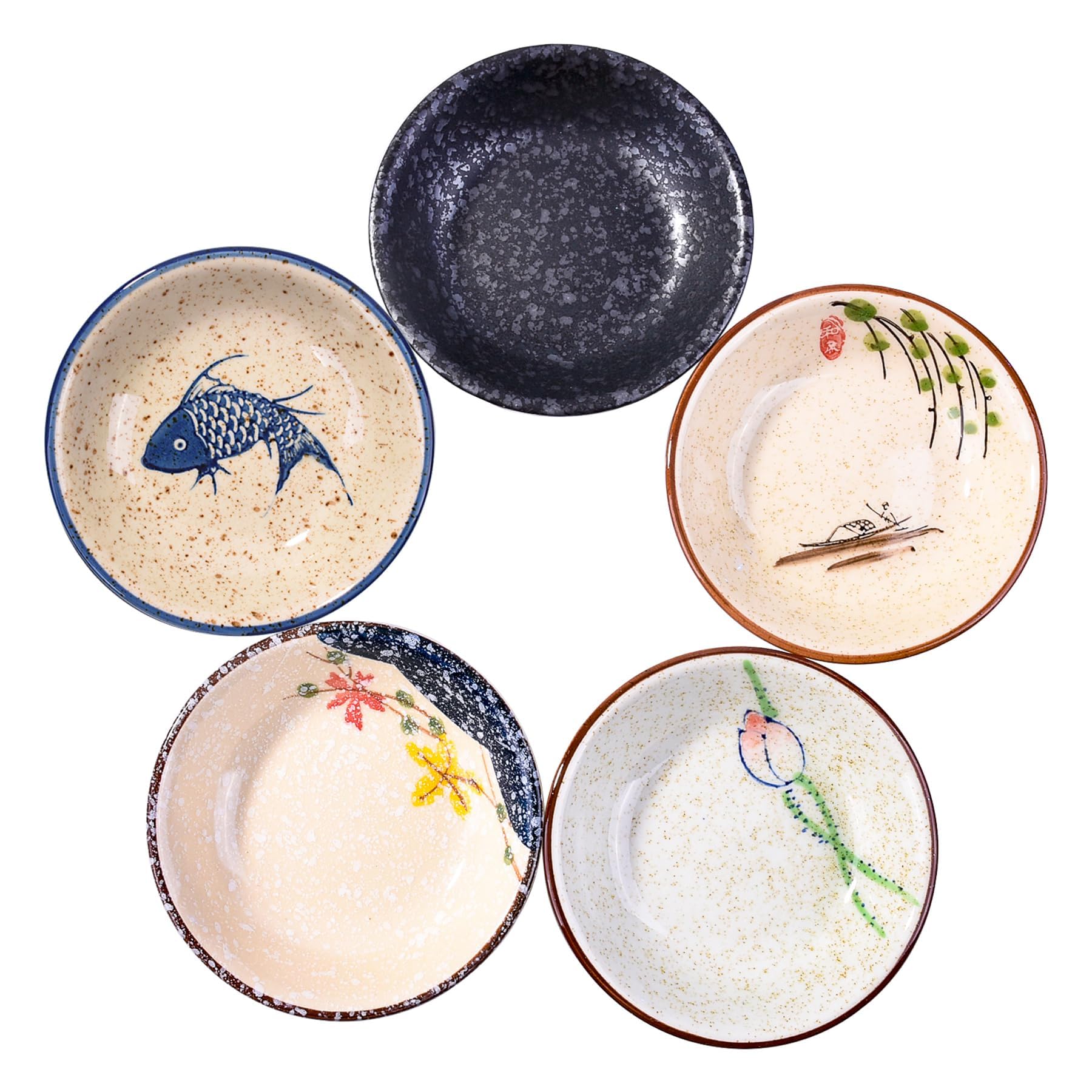Fignner Japanese Retro Porcelain Soy Side Dish Bowl Seasoning Dishes Soy Dipping Sauce Dishes Set of 5