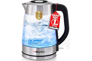 Mueller Rapid Boil Electric Tea Kettle 1.8L – Borosilicate Glass & Stainless Steel – BPA-Free Hot Water Boiler, LED Light, Auto Shut-Off, Boil Dry Protection Fast Water Heater – Kitchen Appliances
