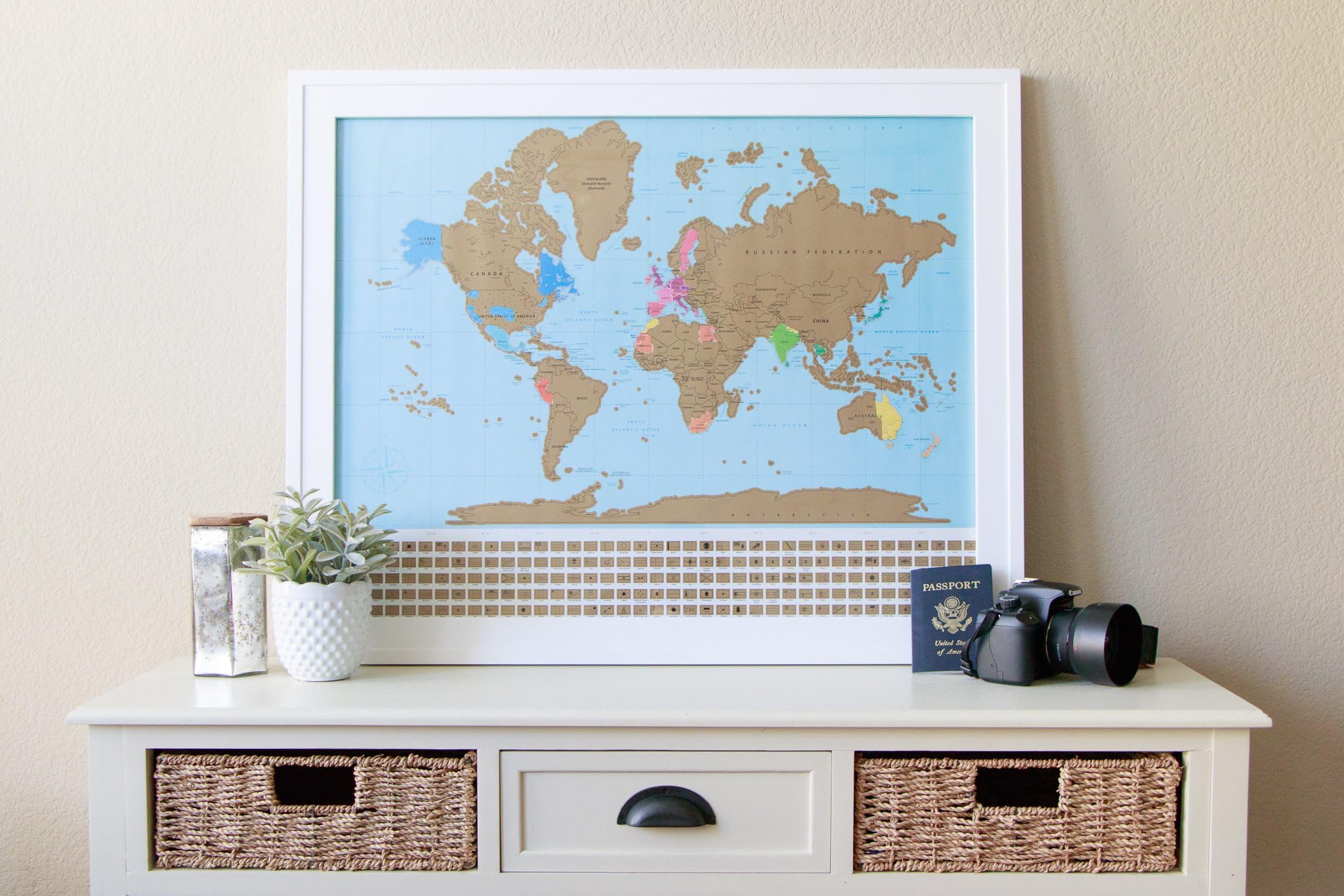 Scratch Off Map of the World by Tracker Maps - with wall mounting patches, scratcher tool and Bermuda Triangle!