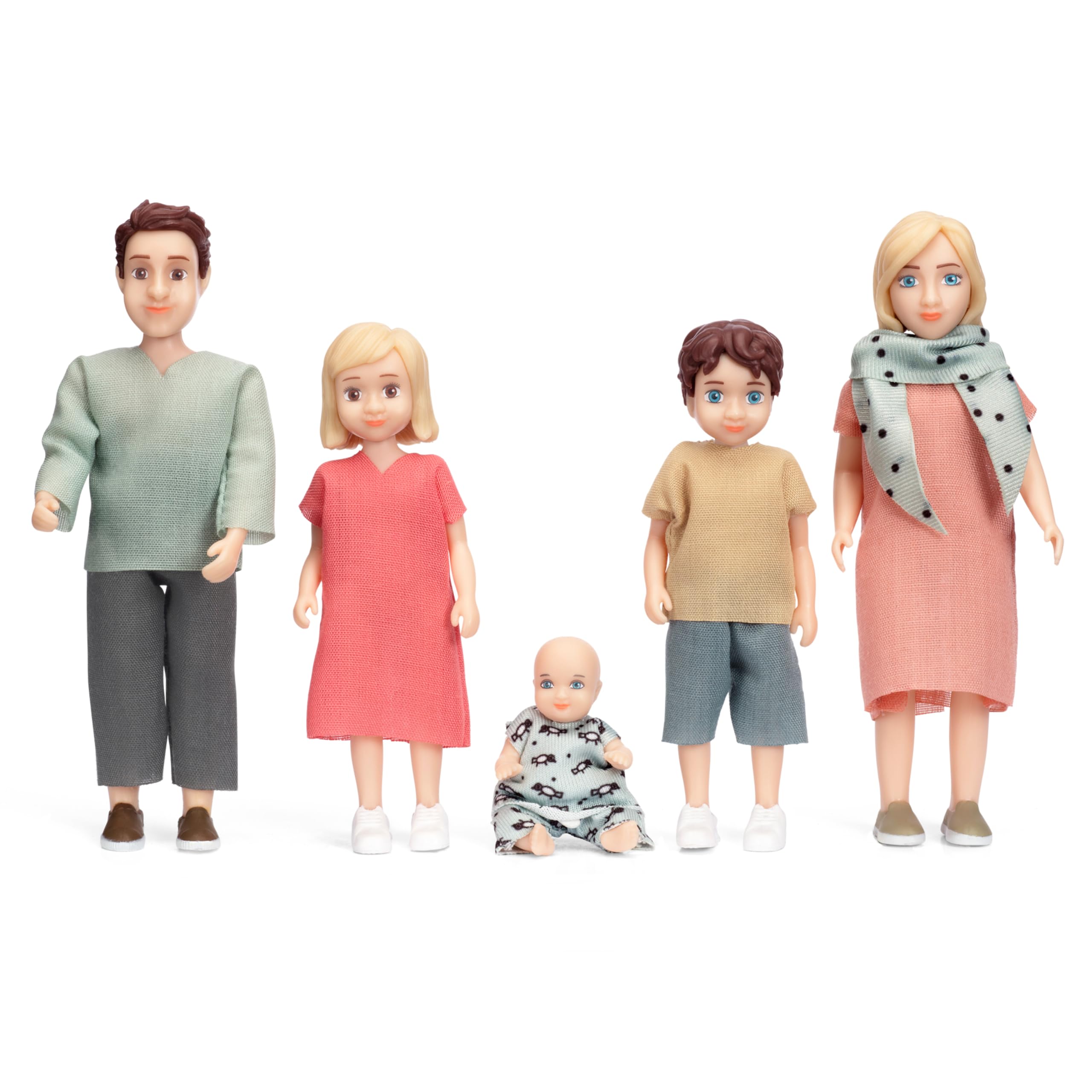 Lundby Dolls House People Family - Charlie Dollhouse Family Set of 5 (2 Adults + 3 Children), Dolls House Furniture Accessories, Bendable Plastic Dollhouse People for Girls and Boys Age 3+,1:18
