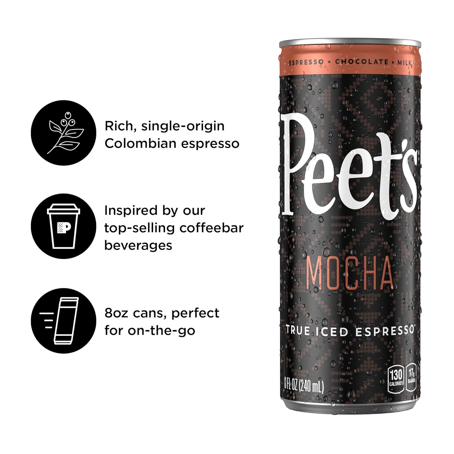 Peet's Iced Espresso Mocha 8oz, Single Origin Colombian Espresso + Milk and Cane Sugar, 110 calories, 12 pack : Grocery & Gourmet Food