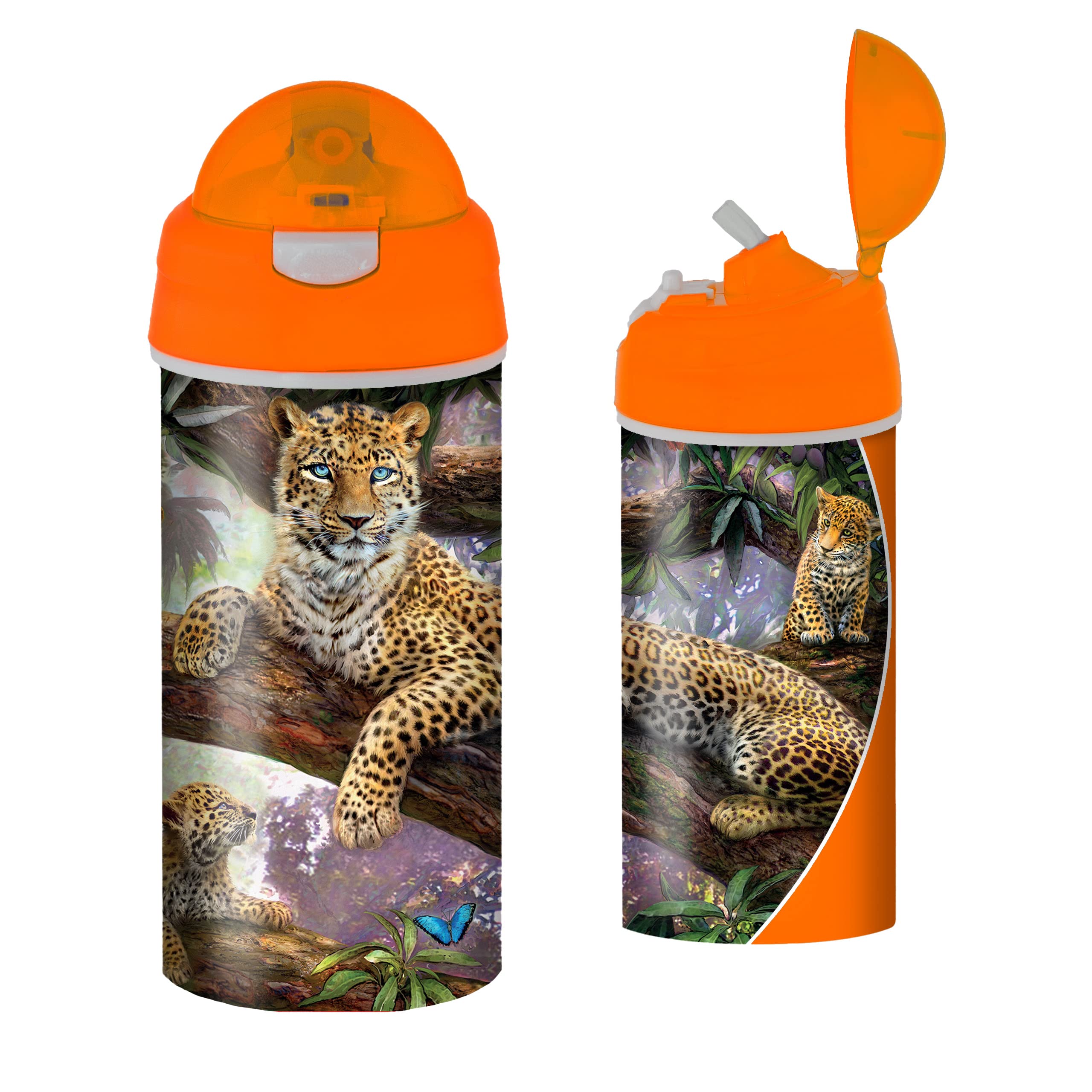3D LiveLife Drinking Bottle - Tree Top Leopards from Deluxebase. 3D Lenticular 600ml BPA Free Reusable Orange Water Bottle with Straw & Flip Top Lid. Leak Proof Animal Drinks Bottles Leopard Design.