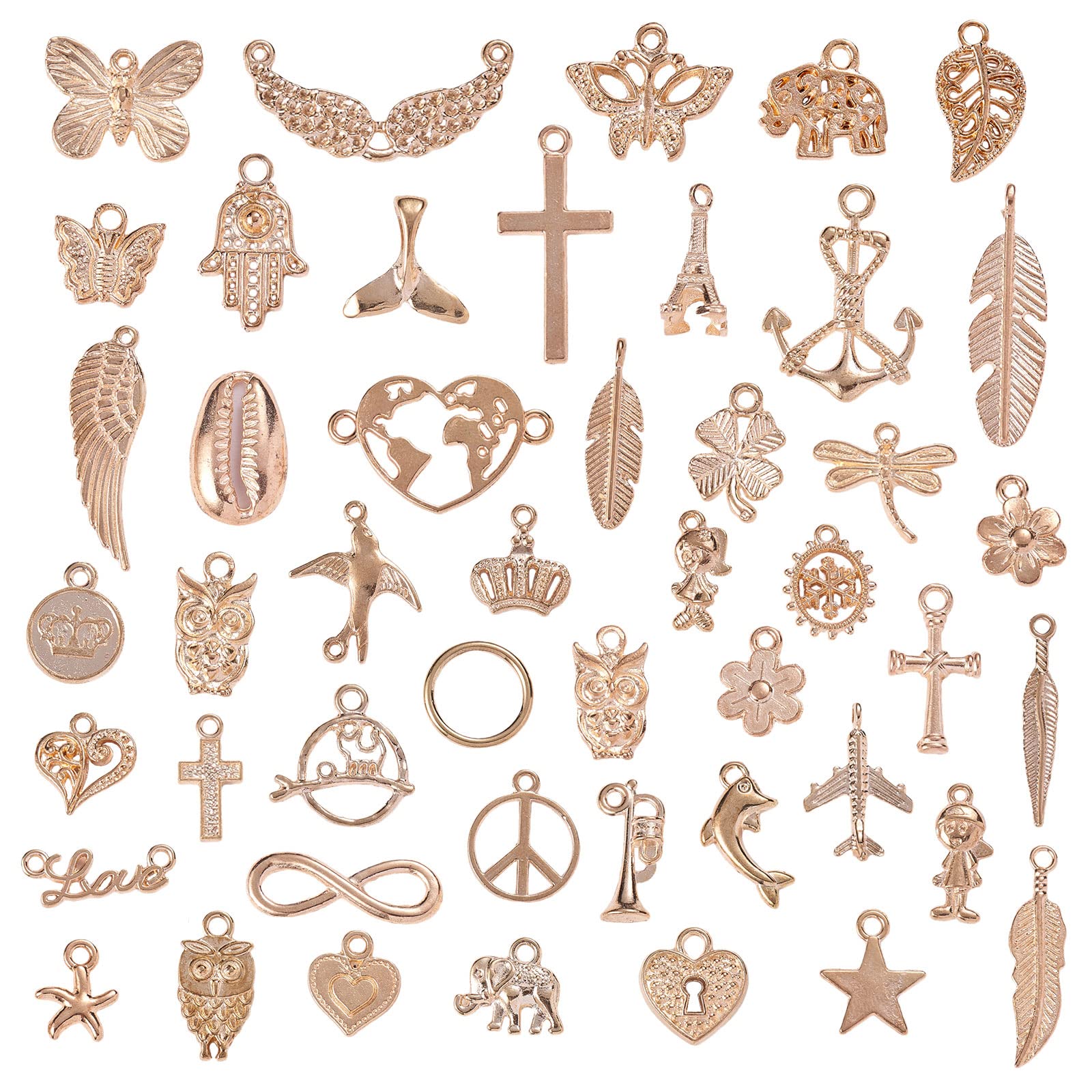 COGCHARGER 47 Pieces Wholesale Bulk Lots Jewelry Rose Gold Alloy Charm Pendants Leaf Wing Cross Charm for Jewelry Necklace Bracelet Earring Making Craft