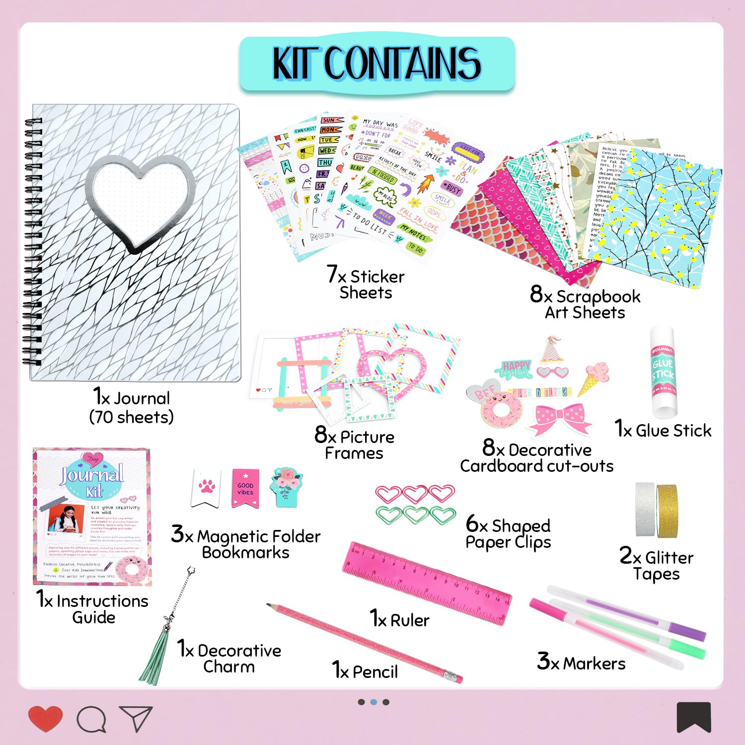 EDUMAN DIY Journal Kit for Girls Ages 8-12- Birthday Gifts for Girls, Diary Gifts Toys, Cute Arts & Crafts Kits, Kids Scrapbook Kits & Diary Supplies Stationary Set, Scrapbooking Kits (White)