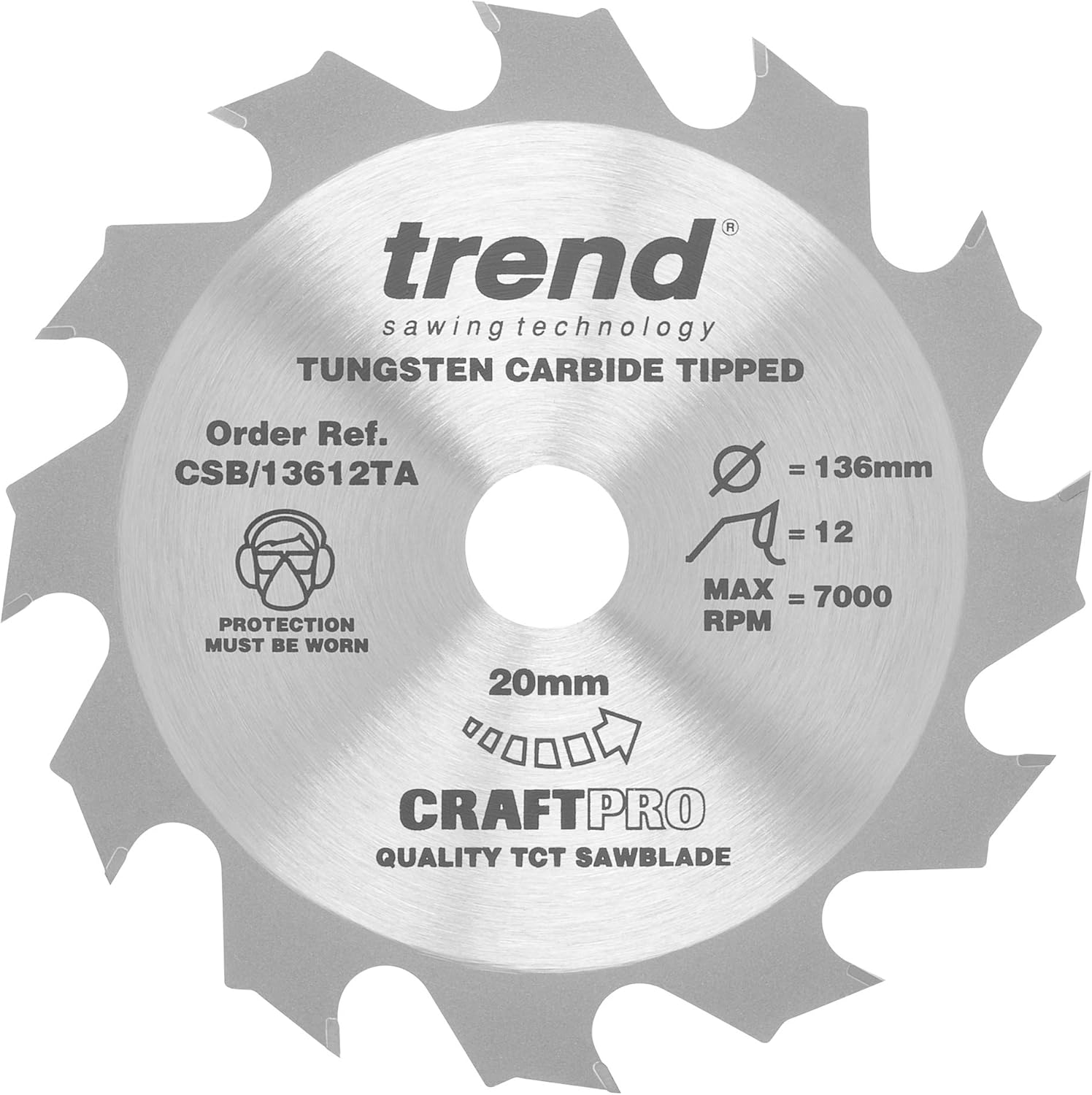 Trend Wood Cordless Circular Saw Blade, 136mm Diameter, 20mm Bore, 12 Teeth, 1.5mm Kerf, +15° Hook, TCT, Coarse Finish, CSB/13612TA