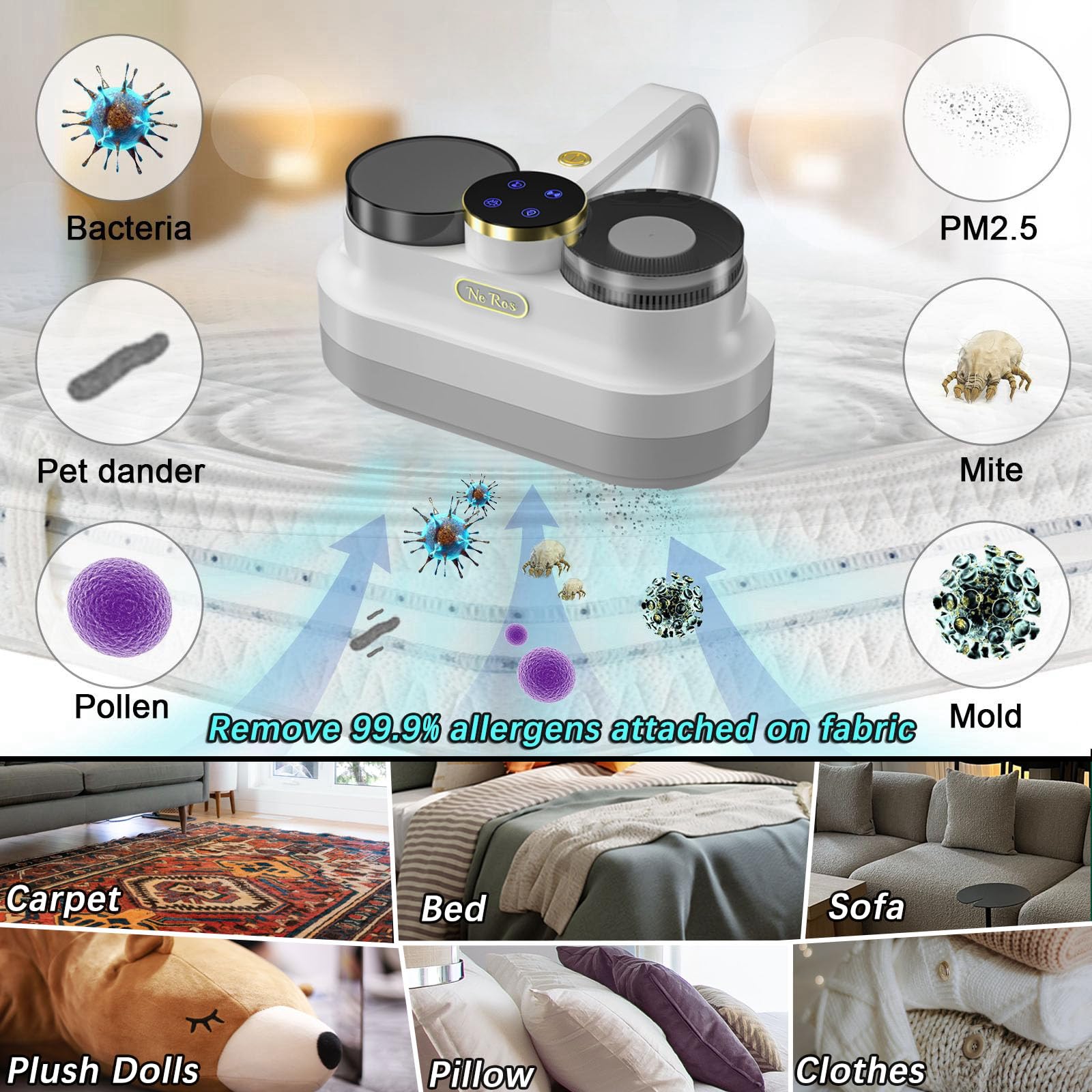 Ne Ros Anti-allergen Mattress Vacuum, Bed Vacuum Cleaner UV Sanitizing,Double Beating Brush Bed Vacuum,Powerful Suction/Ultrasonic/Removes Dust Mite Matters,Bacteria,Virus (A-White)