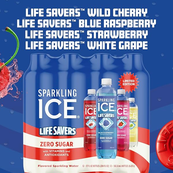 SPARKLING ICE® LIFE SAVERS™ RED, WHITE AND BLUE VARIETY PACK, ZERO SUGAR FLAVORED SPARKLING WATER, WITH VITAMINS AND ANTIOXIDANTS, LOW CALORIE BEVERAGE, 17 FL OZ BOTTLES (PACK OF 12)