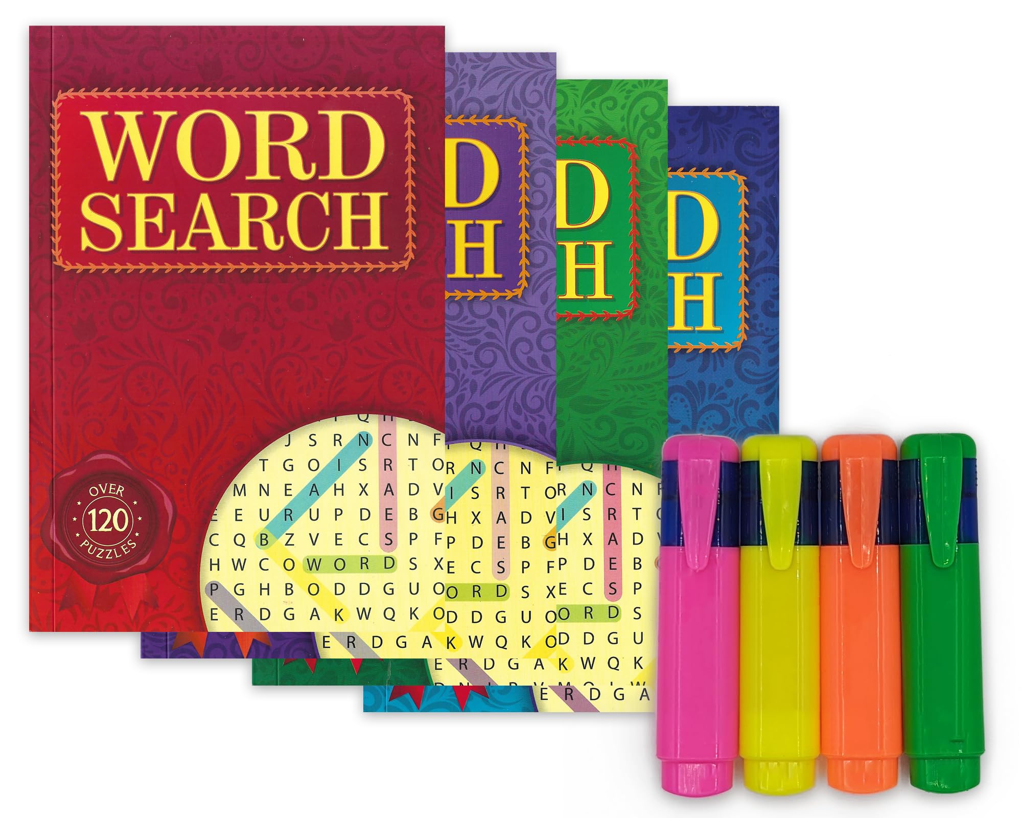 ihoot A5 Word Search Books for Adults and Highlighters Bundle | 4x Wordsearch Puzzle Books for Adults with 4x Highlighter Pens | Adult Activity Book, Brain Teasers - 120+ Puzzles Per Book