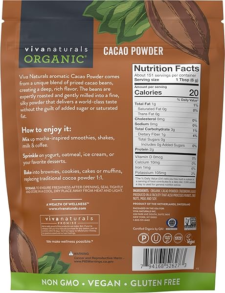ORGANIC CACAO POWDER, UNSWEETENED, 2 LB (907 G) – RICH DARK CHOCOLATE FLAVOR, PERFECT FOR BAKING, SMOOTHIES & HOT CHOCOLATE – VEGAN, KETO, PALEO, NON-GMO & GLUTEN-FREE COCOA POWDER