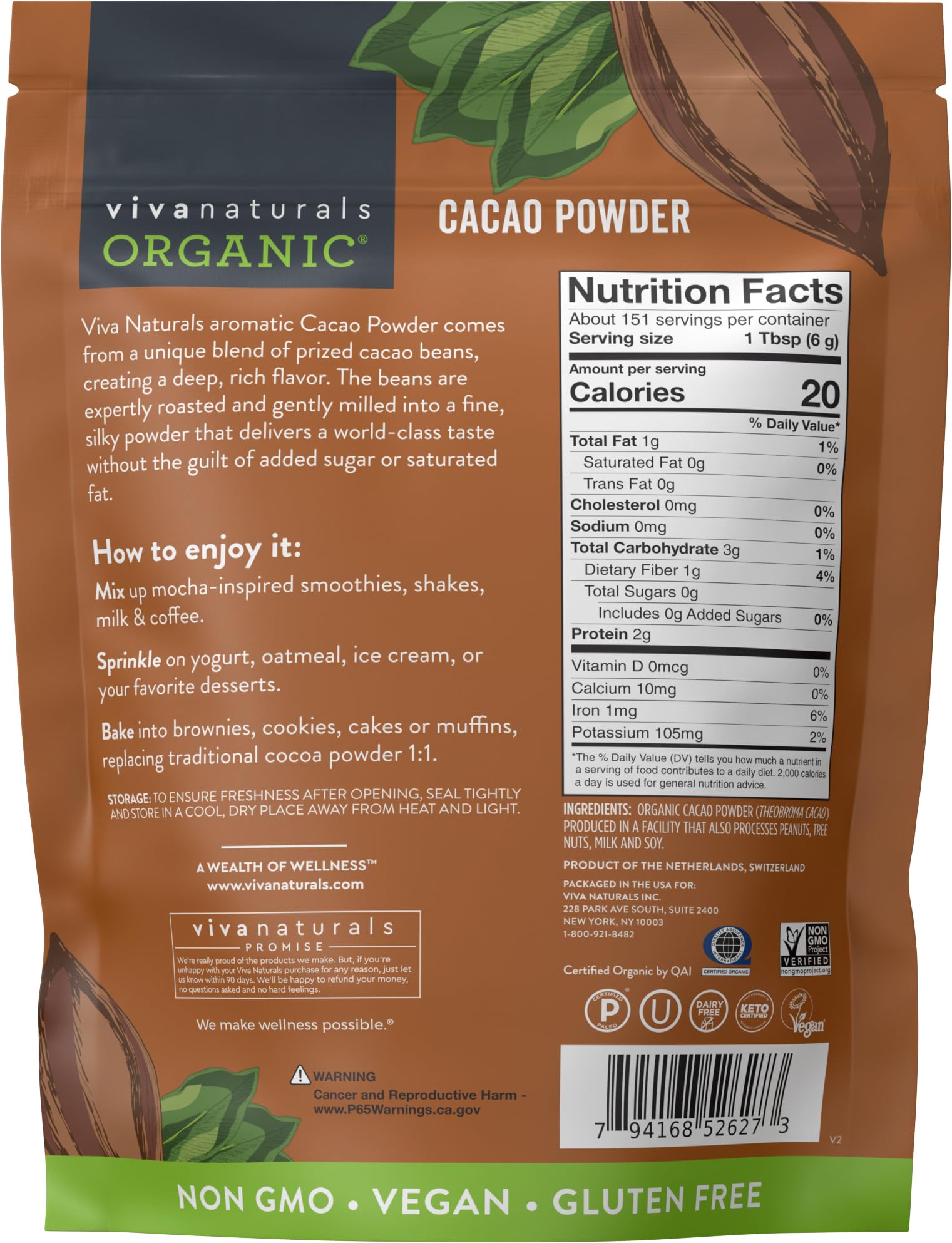 Viva Naturals Organic Cacao Powder, 2lb - Unsweetened Cocoa Powder With Rich Dark Chocolate Flavor, Perfect for Baking & Smoothies - Certified Vegan, Keto & Paleo, Non-GMO & Gluten-Free, 907 g