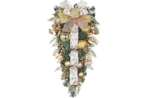 VILLA COMO Christmas Teardrop Swag for Front Door with Ornaments, Berries, Bow, 27.5"Christmas Swag Wreath for Stair Window Wall Mantel, Artificial Christmas Swags for Indoor & Outdoor Winter Holiday Decor, Gold
